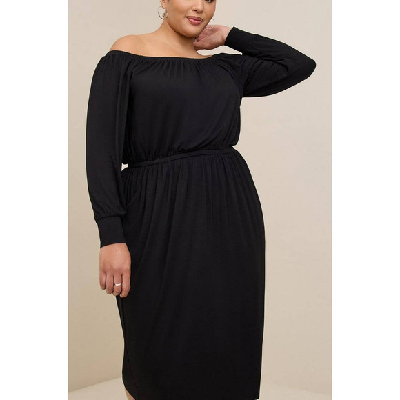 NEW TORRID Dress Midi Size 2X Pockets Off Shoulder Supersoft Long Sleeve Black - Picture 2 of 7